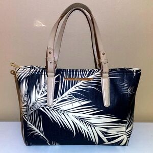 Authentic Brahmin Leather Black & White Palm Print Satchel with Tan Straps.